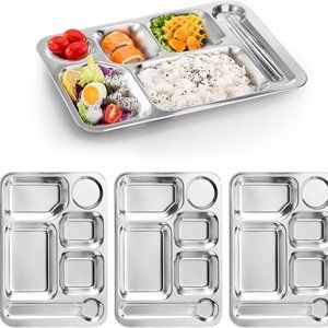 Fasmov 4 Pack Stainless Steel Rectangular Divided Dinner Tray